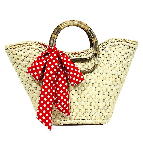 Straw Bucket Tote: Corn Husk w/ Polka Dot Print Sash - Red - BG-R11007RD